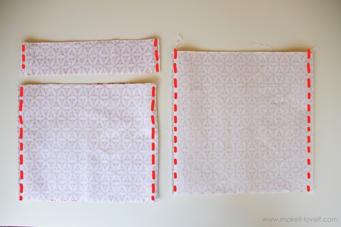 Now use a 1/2 inch seam allowance & sew your 2 lining pieces (16 x 16) t/g w/ right sides t/g along the right & left sides. Then, sew the two 3.5 x 16 pieces t/g & the two 13.5 x 16 pieces t/g w/ right sides t/g & along the shorter end. Turn right side out and iron seams open and flat.
