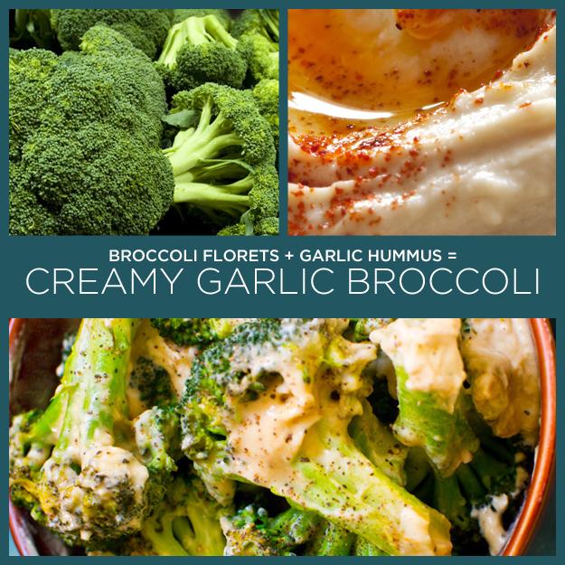 Broccoli Florets + Garlic Hummus = Creamy Garlic Broccoli