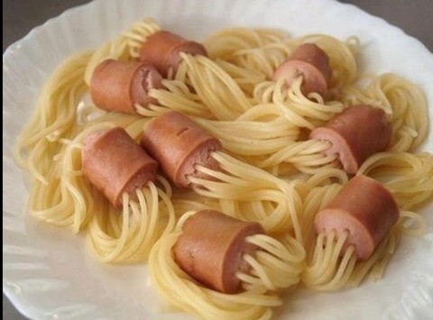 And serve and it comes out with pieces of sausage near the centre of the spaghetti