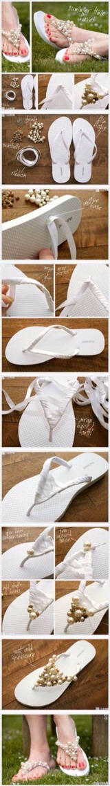 3. Fancify your cheap flip flops with some ribbon and beads.