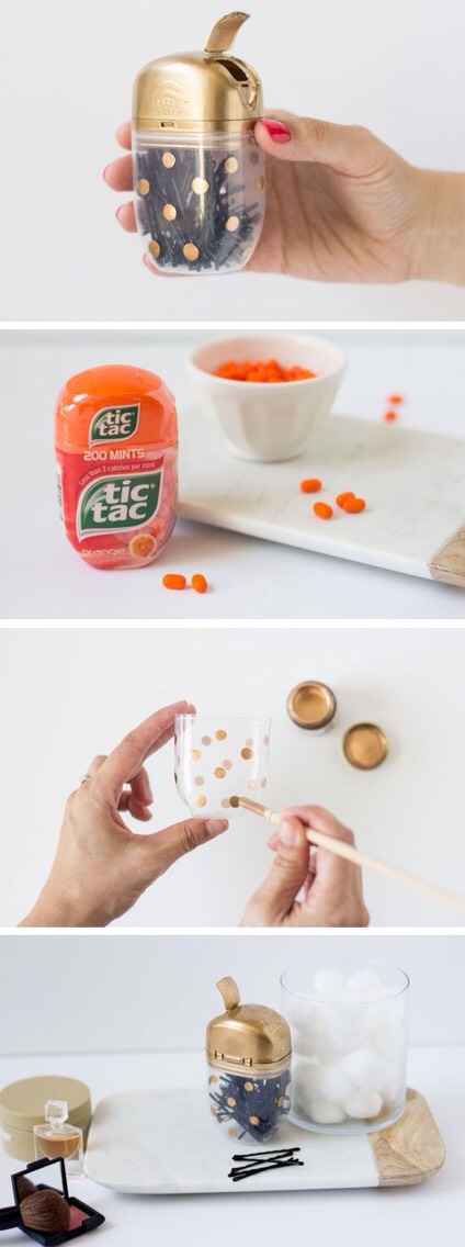 Take an old tic tac container (it can be any shape or size), tear the label off, decorate it, and use it for storage of Bobbi pins or other small items! 