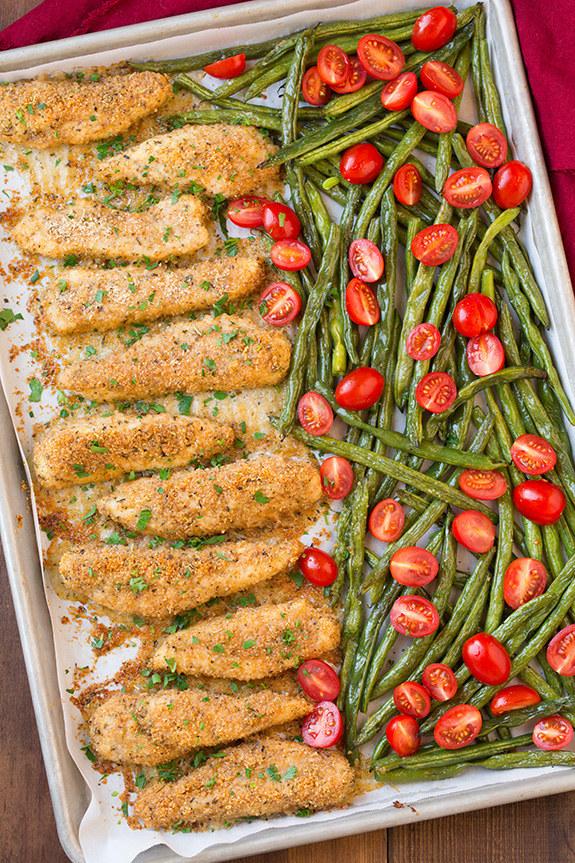 24. Sheet Pan Garlic Parmesan Chicken Tenders with Green Beans and Grape Tomatoes 