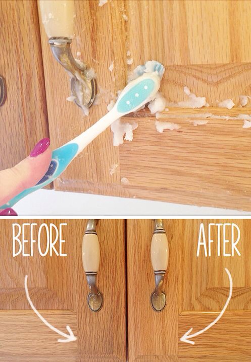 2. Cabinet gunk

Do you know how much gunk accumulates on your cabinets? You can easily get it off using a mixture of baking soda and vegetable oil. Mot works best if you use an old toothbrush to scrub.
