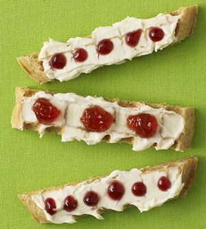 For a fun alternative to peanut butter and jelly, try whole grain waffles for a boost of iron and vitamins B6, B12, and A. These cool, kid-approved waffle sticks topped with reduced-fat cream cheese and a fruit jelly are a refreshing change for snacktime.