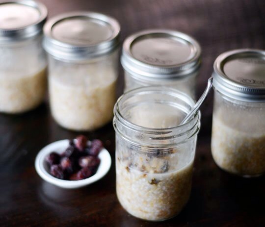 Instructions
1. Collect your jars and other equipment. I like pint-sized jars for this as they allow a little more room for adding nuts, raisins, and milk later. But you can also use half-pint jars.

2. Bring the oats, water and salt to a boil. Simmer for about 3 minutes then turn off the heat.