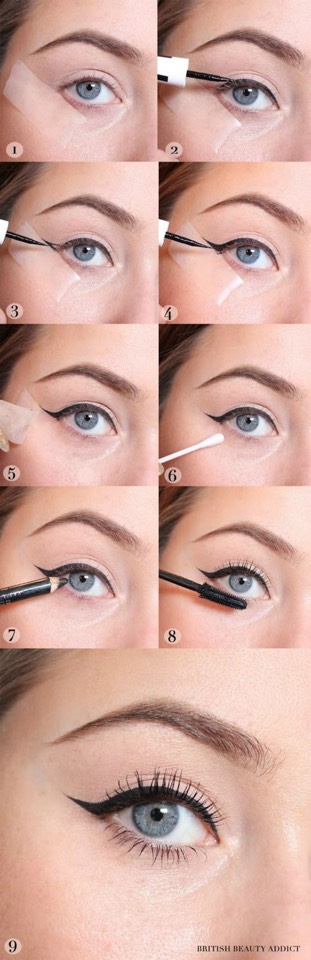 2. Create the perfect wing with tape.
Okay, tape near your eyes might seem scary, but this is a great trick for make up lovers of all levels. Take a small piece of scotch tape and place it on your face along your lower lash line while applying your shadow and liner. Take off the tape and voila! A perfectly straight line. This can definitely help you create that ever-impossible wing with gel or liquid liner.