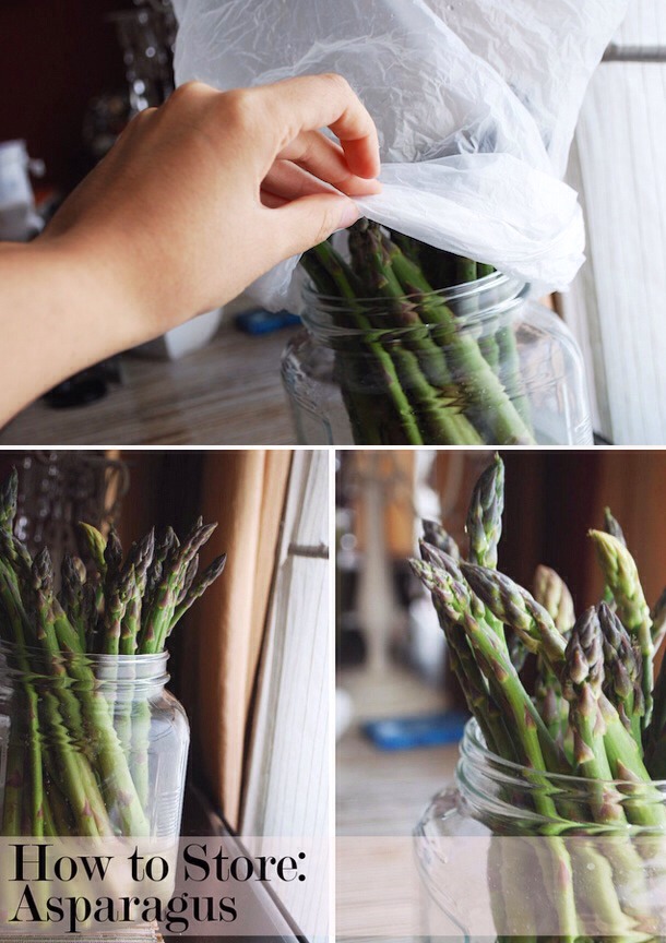 Store asparagus like cut flowers.
Sort of. Cut the stems, place in water, throw a plastic bag over 'em and refrigerate. They'll stay crisp for a week or longer, and you can use this trick on cilantro and parsley as well.
