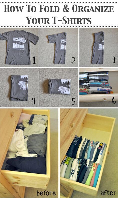 7. Folding T-Shirts in Horizontal Rows
Folding and organizing your shirts in rows makes it easy to see and easily find the t-shirt you want. It also takes up a lot less drawer space.