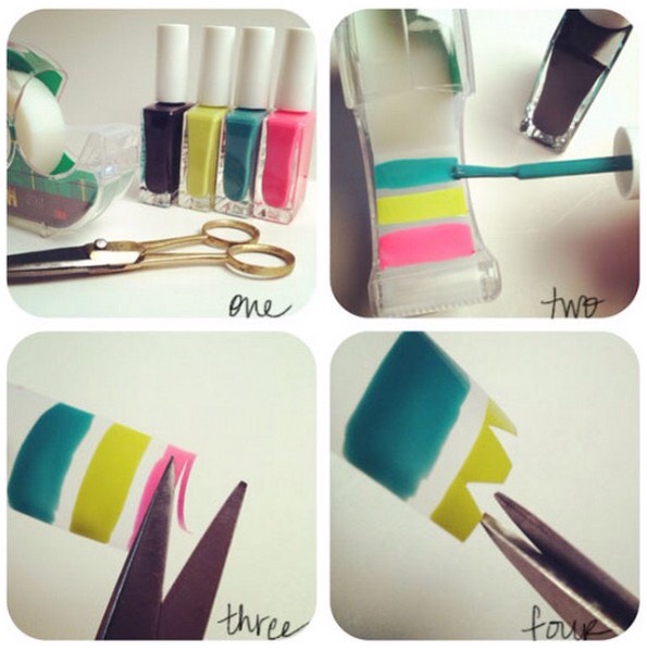 Use tape to create awesome one-of-a-kind nail art stickers and seal them with a clear top coat.