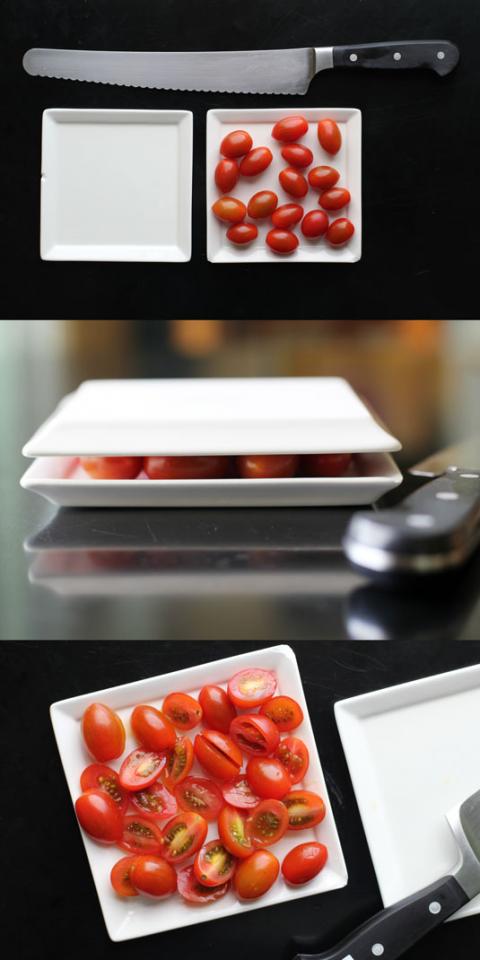 1. Use two plates to safely cut a lot of little tomatoes at once.