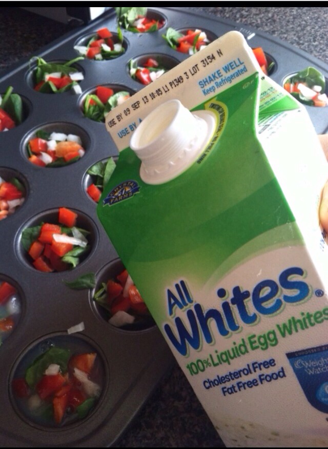 Step 3:

Fill the tins with Liquid egg whites, covering the veggies.