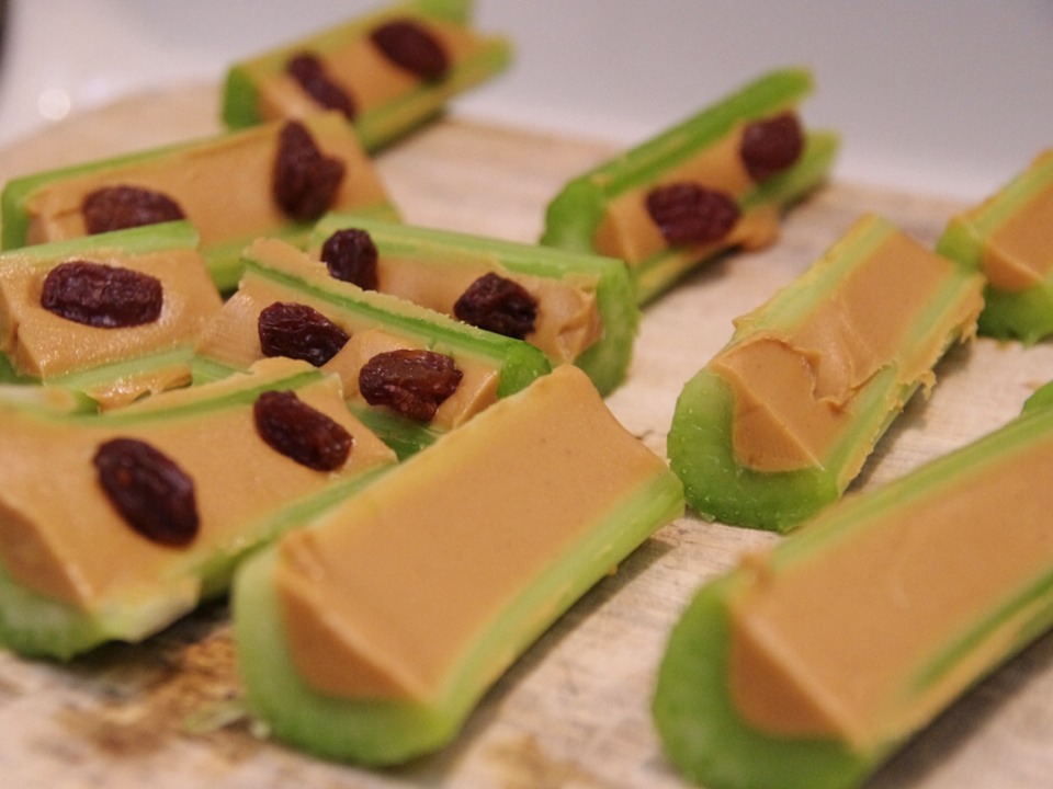 Celery, peanut butter and or raisins 