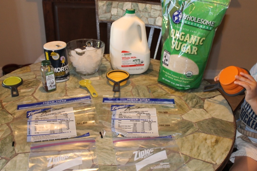 You will need the basics one large bag and one small bag, ice, salt, milk, sugar and any flavouring you like , eg vanilla bean, coco