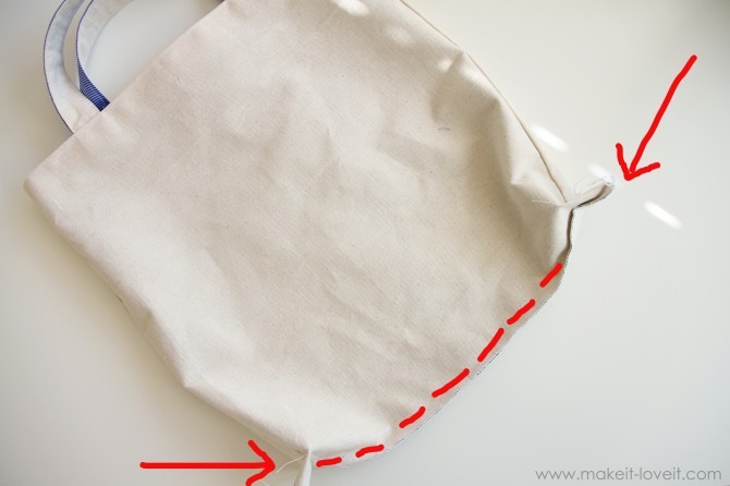  Next turn the tote inside out & smooth everything out to the bottom.Sew the bottom shut from side seam to side seam using a 1/2 inch seam allowance.See the red dotted line. Just be sure that the shirt fabric isn’t bunching or folding when you sew the bottom shut.  You want it nice and smooth.  