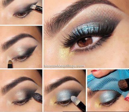 For a more dramatic look, incorporate gold and black for a bold serenity look. Using the netting adds texture to the makeup.