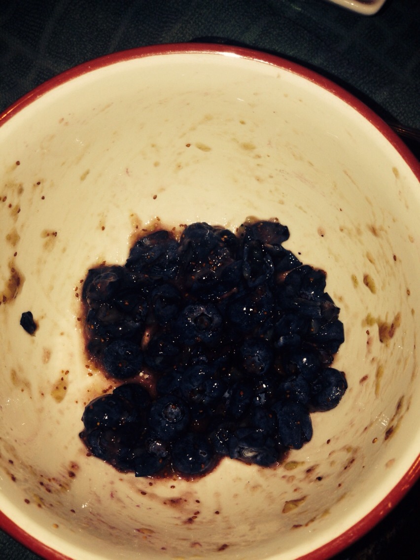 Mash blue berries in a bowl before adding them to oatmeal. Or eat them whole if you have texture issues.
