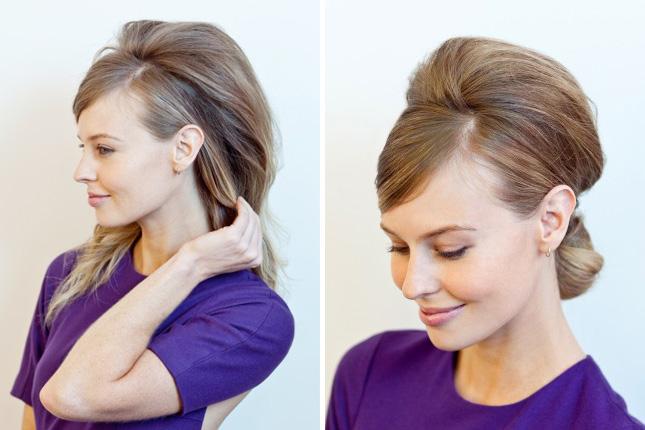 1. The Modern Bouffant: We’ll kick off this roundup with a sleek, sky-high ‘do. It’s a playful, ‘60s-inspired look that would compliment a basic black maxi like a dream. (via Refinery29) 