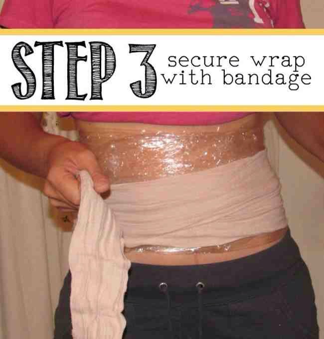 Step 3 – Now wrap the area with a long bandage of some kind, anything that will keep your wrap in place. Be sure to cover the plastic completely.