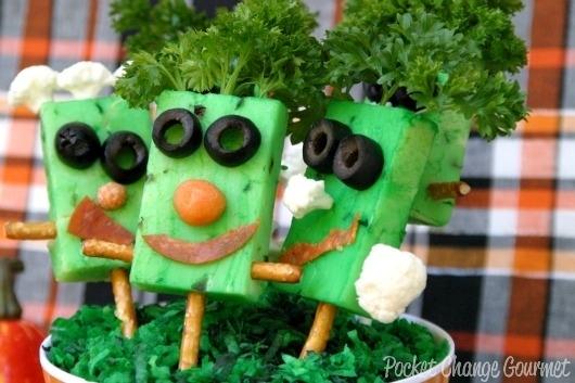 Frankenstein Appetizer

As long as you’re okay with eating cheese that’s been dyed green.

http://pocketchangegourmet.com/halloween-party-food-frankenstein-appetizer/