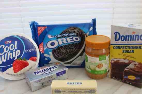 Ingredients:

24-28 Oreo cookies
4 tbsp melted Butter
1 cup Peanut Butter
8 oz softened Cream Cheese
1 cup Powdered Sugar
