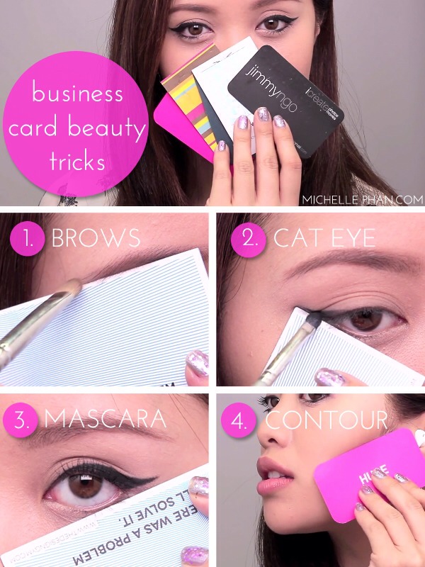 Get perfect angles using a business card.
For Mascara:
Curl lashes first.
Place card behind your upper lashes and gently lift.
Place wand at the base of your lash line and wiggle it in between your lashes for added definition.
Pull wand up throughout lashes and continue past them a bit.