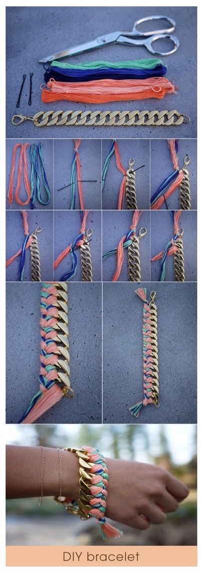 2/2 The Woven Chain Bracelet (This would also make a beautiful necklace! A broken chain would be perfect for earrings!

Full instructions here:
http://honestlywtf.com/diy/diy-woven-chain-bracelet/