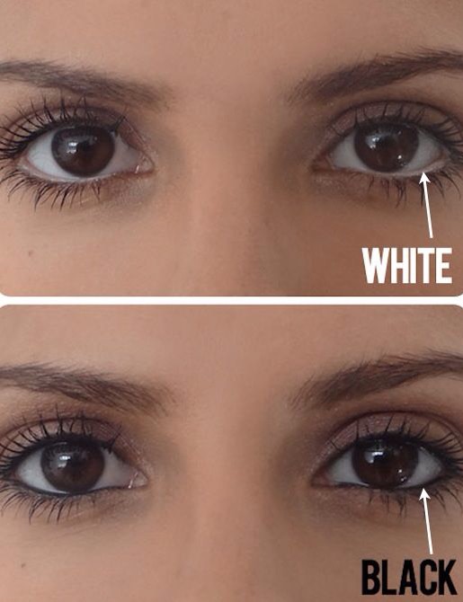 9. Make Eyes Appear Bigger
If you donāt already own a white pencil, invest in one now just for this simple trick! Instead of lining your water line with dark eyeliner, use a white pencil to create the illusion of a bigger eye. If you squint your eyes a little at this picture comparison, youāll see w