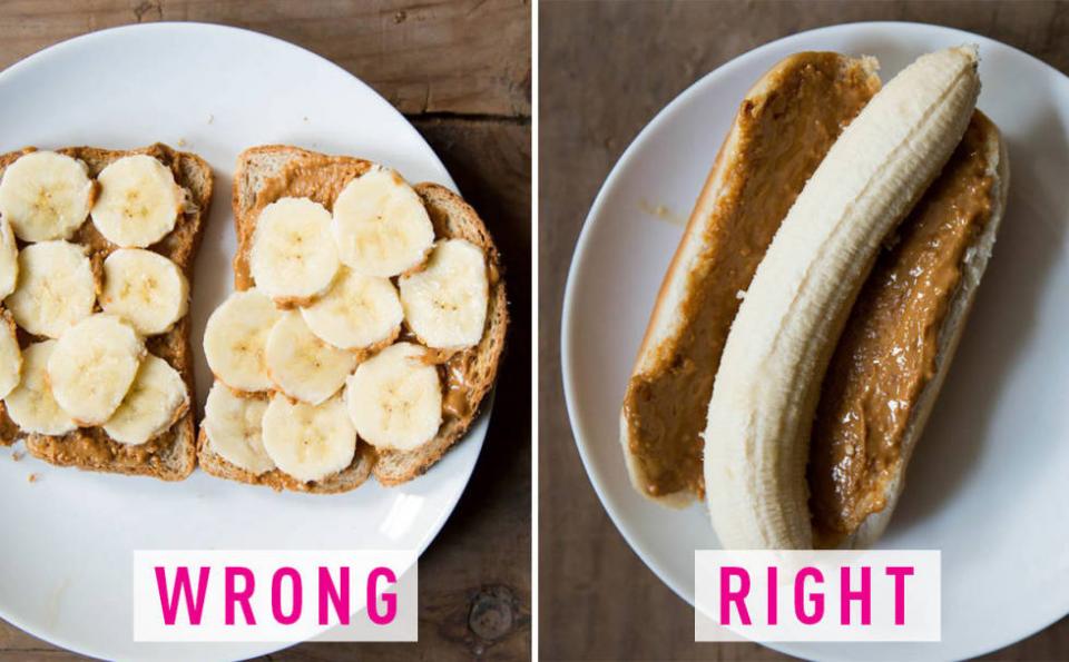 14. You slice bananas for peanut butter toast. Spread peanut butter on a hot dog bun and put the banana inside. You'll get the perfect banana-bread-peanut-butter ratio in every bite.