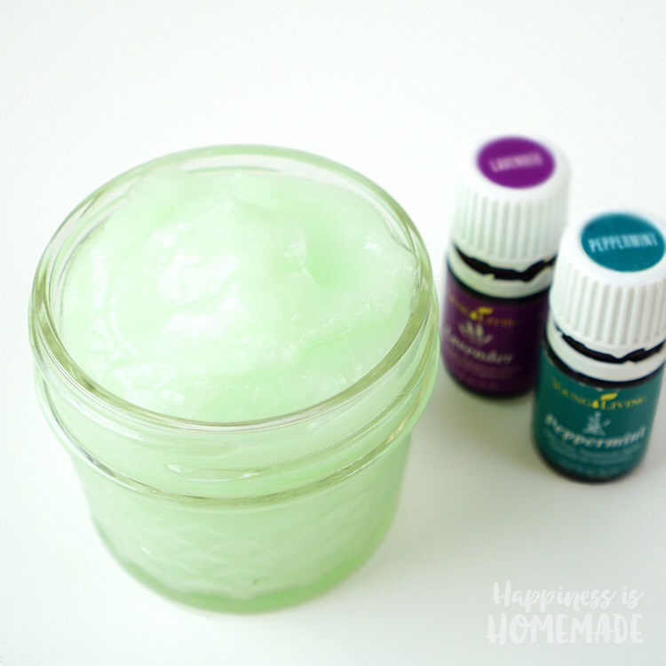 Mix equal parts of coconut oil and aloe vera gel – for this 4 oz. jar, I mixed together 1/4 cup of each. Add lavender and peppermint oils – for this jar, I used 10 drops of lavender and 5 drops of peppermint. Mix well.