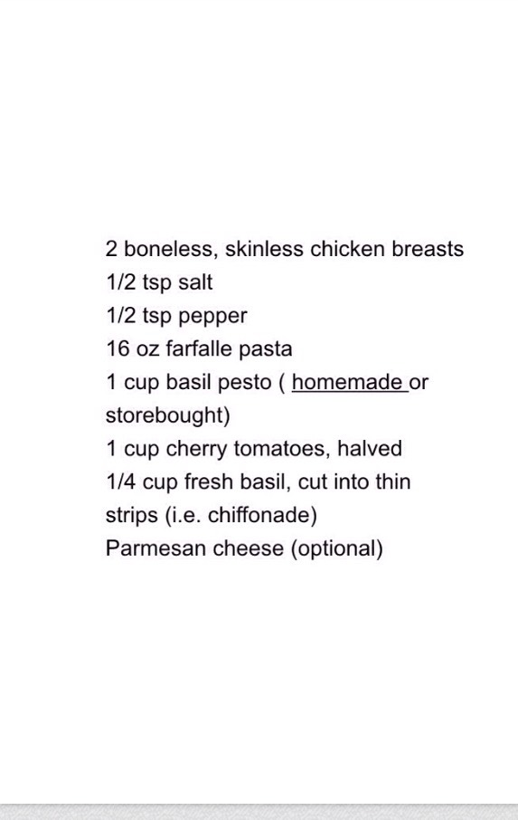 Yummy Bow Tie Pasta with pesto, cherry tomatoes and grilled chicken!!!