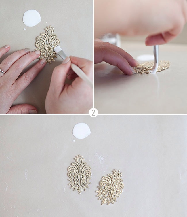 Now we will stiffen each lace applique, which is so easy! Thoroughly paint the front and back of each piece of lace with  Crafts Fabric Stiffener and let dry completely on the wax paper – which usually takes an hour or so.