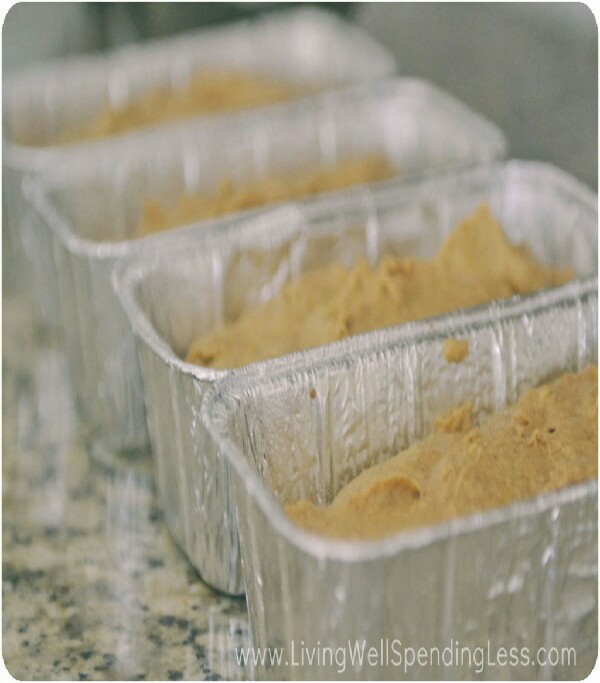 
Grease or spray 4 loaf pans with cooking spray. (I like the size of the disposable ones, which I wash and reuse every time. ) Divide the batter into the four pans. Tap each one gently on counter to remove air bubbles.
