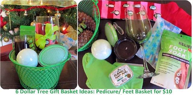 Inside: 
*massager *handmade bath bomb *foot soak *moisturizing socks *pedicure set *natural glycerine soap *candle *wine glass *Christmas socks *basket 
------------------------ 
Total cost: $10