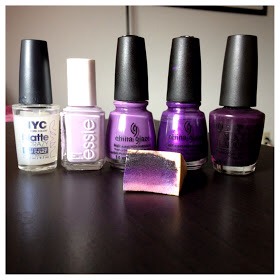 What you'll need::

Here I have a matte top coat (optional), 4 different shades of purple and a makeup sponge. From left to right : NYC- Matte Me Crazy, Essie- Nice is Nice, China Glaze- Spontaneous, China Glaze- Coconut Kiss and OPI- Siberian Nights.