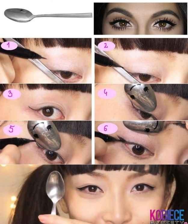 Use a spoon to get the perfect wing shape for your eyeliner.