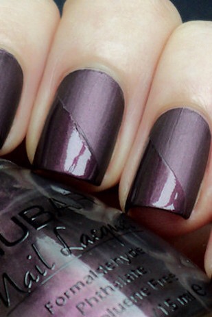 16. Two-Tone Taped Mani
Fool-proof, and works every time, and, again, all you need is scotch tape! Have no matte polish/topcoat?! Problem solved - add a little cornstarch to your regular topcoat...and voila! This is such a simple but effective look. Try a deep purple for a comfy, fall look. 
