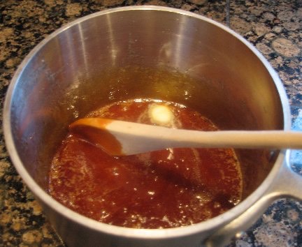 Caramel Glaze
1/2 stick (1/4 cup) butter
1/4 cup heavy (whipping) cream
1/2 cup packed dark brown sugar
Put the butter, cream, and sugar into a small saucepan. Cook over medium heat, stirring often, until melted and smooth. 