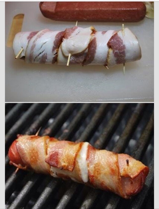 Cheese Stuffed, Bacon Covered Hot Dogs
