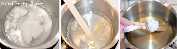 Melt the coconut oil and beeswax together. You can do this in the microwave, in a double boiler, or what I did was set a small saucepan on the stove for a minute or two and then turned the burner off and added the coconut oil and beeswax. Stir until melted.
