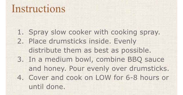 "SLOW COOKER HONEY BBQ DRUMSTICKS"