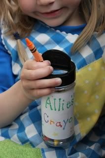 -> Travel crayon holder from empty spice or parmesan cheese container
-> Kids could even put them in their carseat cup holders