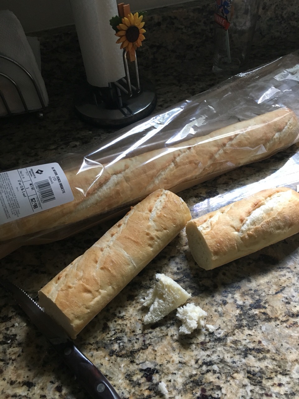 Meanwhile, cut the baguettes in about 4-5" pieces. You can either slice it in the middle or try to take out the inside soft part from the ends