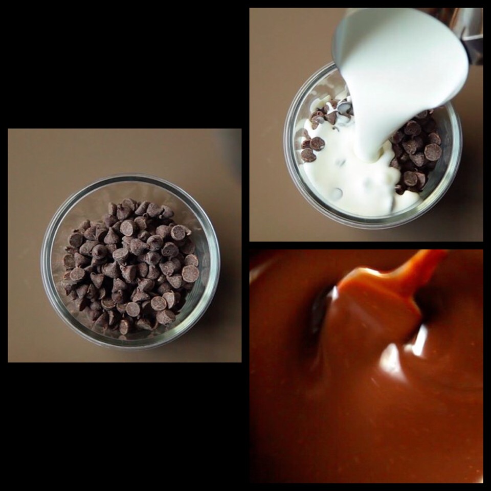 9. Last, make your chocolate glaze:
Melt chocolate chips and heavy cream in the microwave until smooth.