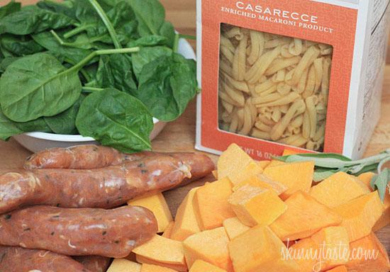 Pasta With Spicy Sausage, Baby Spinach And Creamy Butternut Sauce 