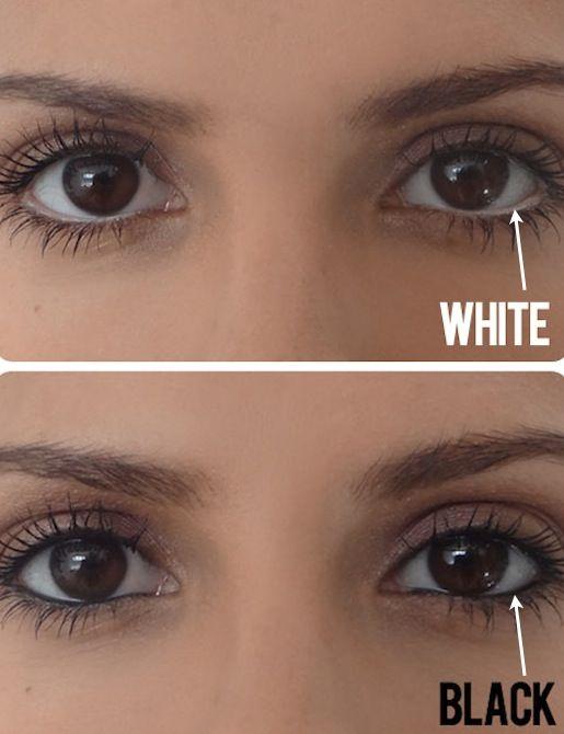 9. Make Eyes Appear Bigger
If you don’t already own a white pencil, invest in one now just for this simple trick! Instead of lining your water line with dark eyeliner, use a white pencil to create the illusion of a bigger eye. If you squint your eyes a little at this picture comparison, you’ll see w