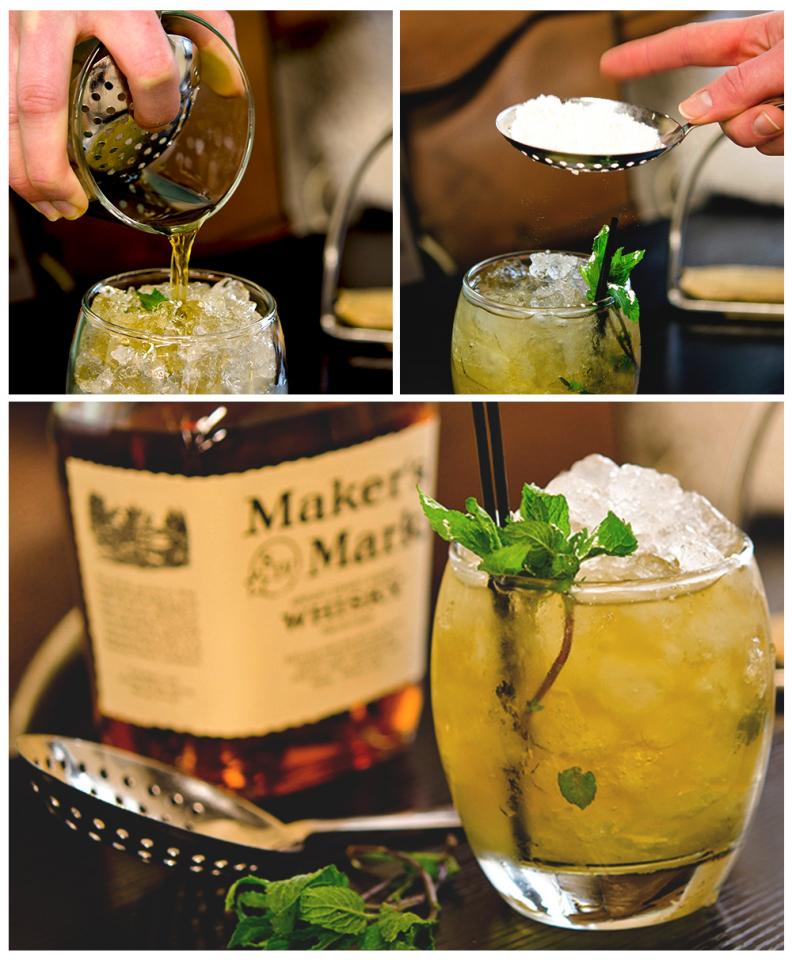 Directions:

Put granulated sugar, water, and leaves from mint sprigs into a glass. Save a few leaves for garnishing.
Muddle everything together in bottom of glass.
Pour in the bourbon.
Fill a separate glass with crushed ice.
Using a julep strainer, pour the bourbon mixture over the ice.
