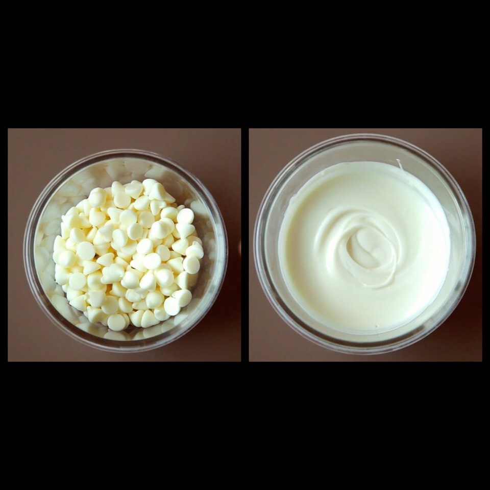 1. Start by melting a half cup of white chocolate chips in the microwave: