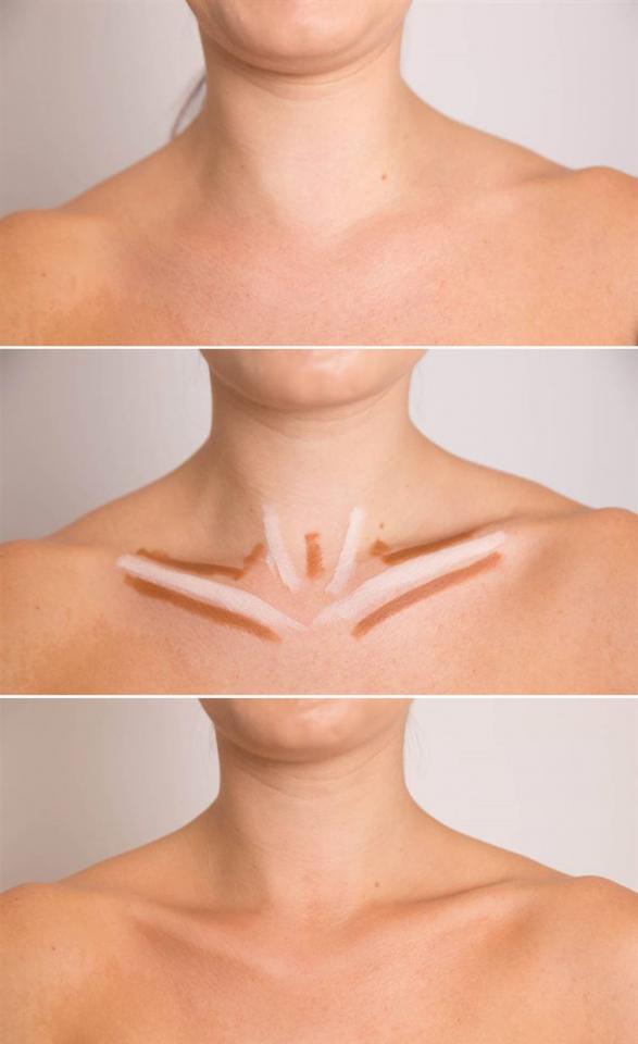 Concealer, not just for your face.
You can also use concealer to make your chest and collar bone pop.