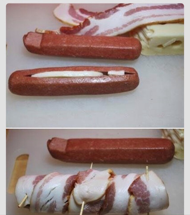 Cheese Stuffed, Bacon Covered Hot Dogs