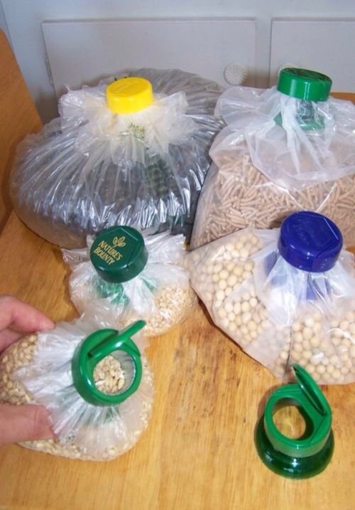 Reuse bottles to close up your plastic bags.